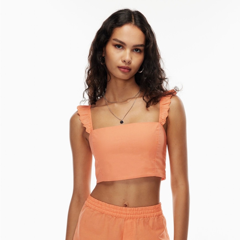 Aritzia Sunday Best Tippi Top Cropped Pastel Orange Linen Flutter Ruffle Tank